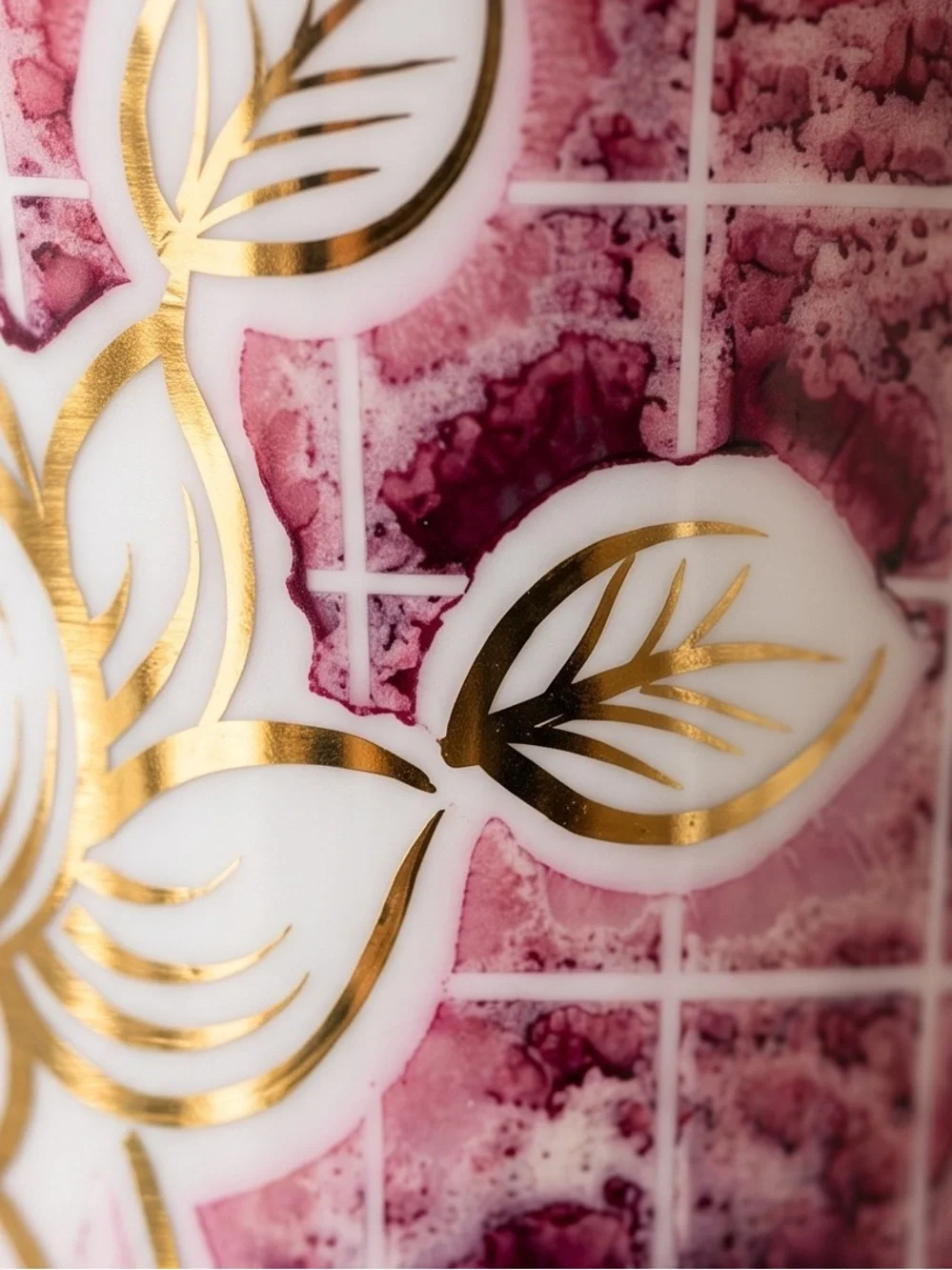 Decorative Pink Ceramic Vase with Gold Leaf Floral Motif